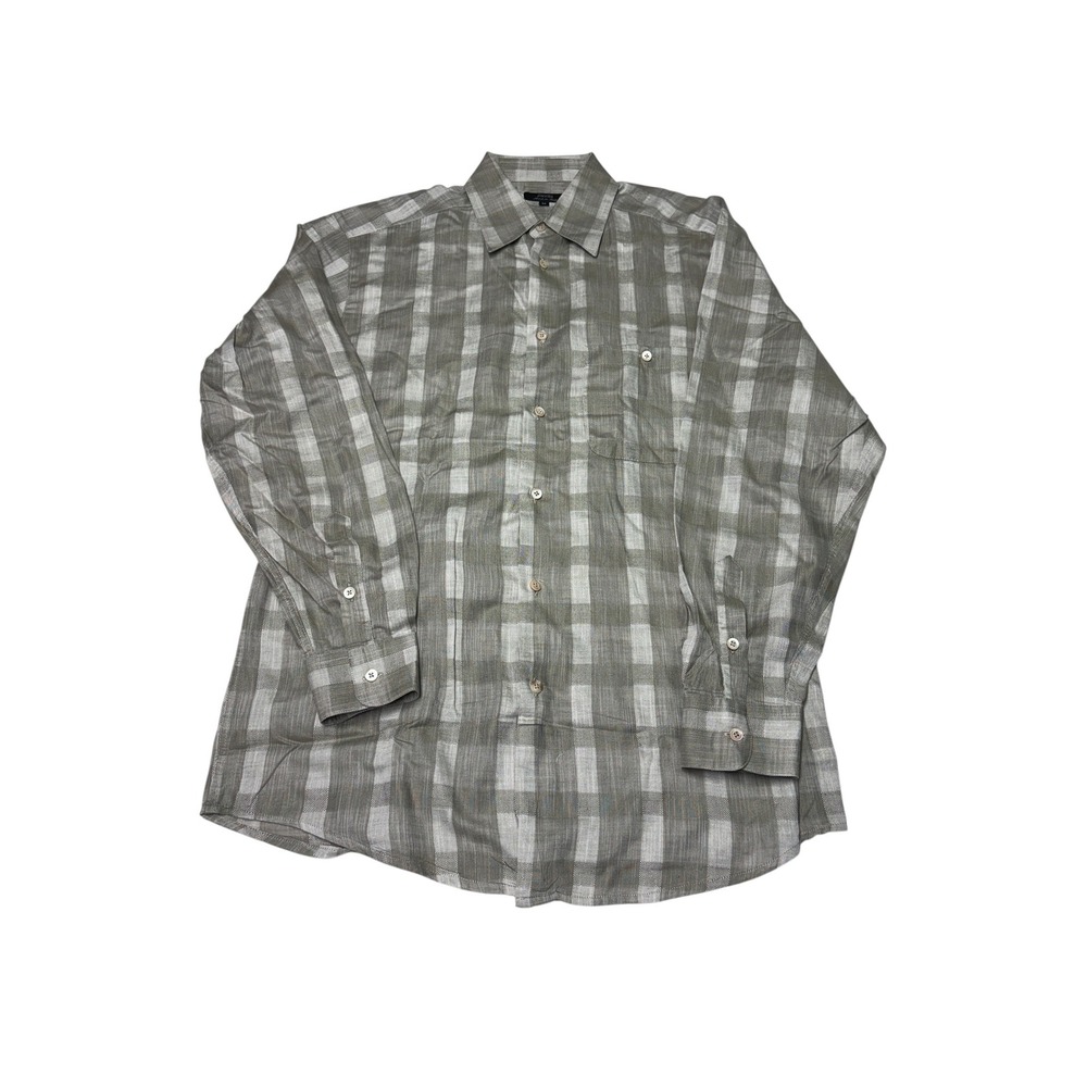 Zanella Mens Grey Plaid Cotton Linen Long Sleeve Button Up Shirt Made in Italy M